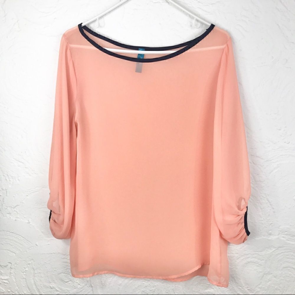 Buttons Sheer Peach Blouse with Navy Trim-L